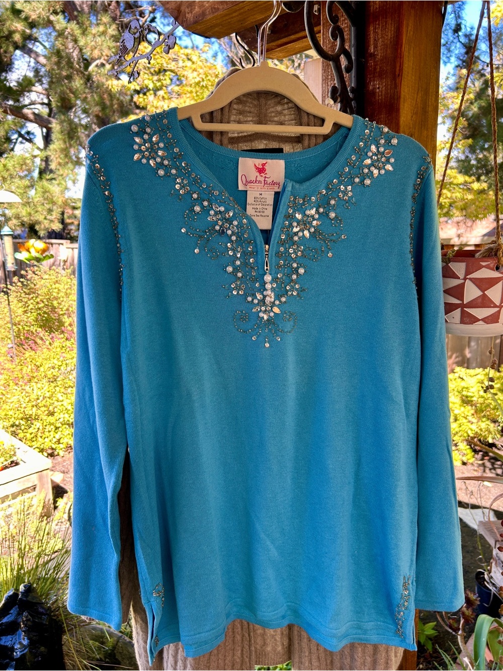 Quacker Factory Turquoise Embellished V-Neck Long Sleeve Sweatshirt